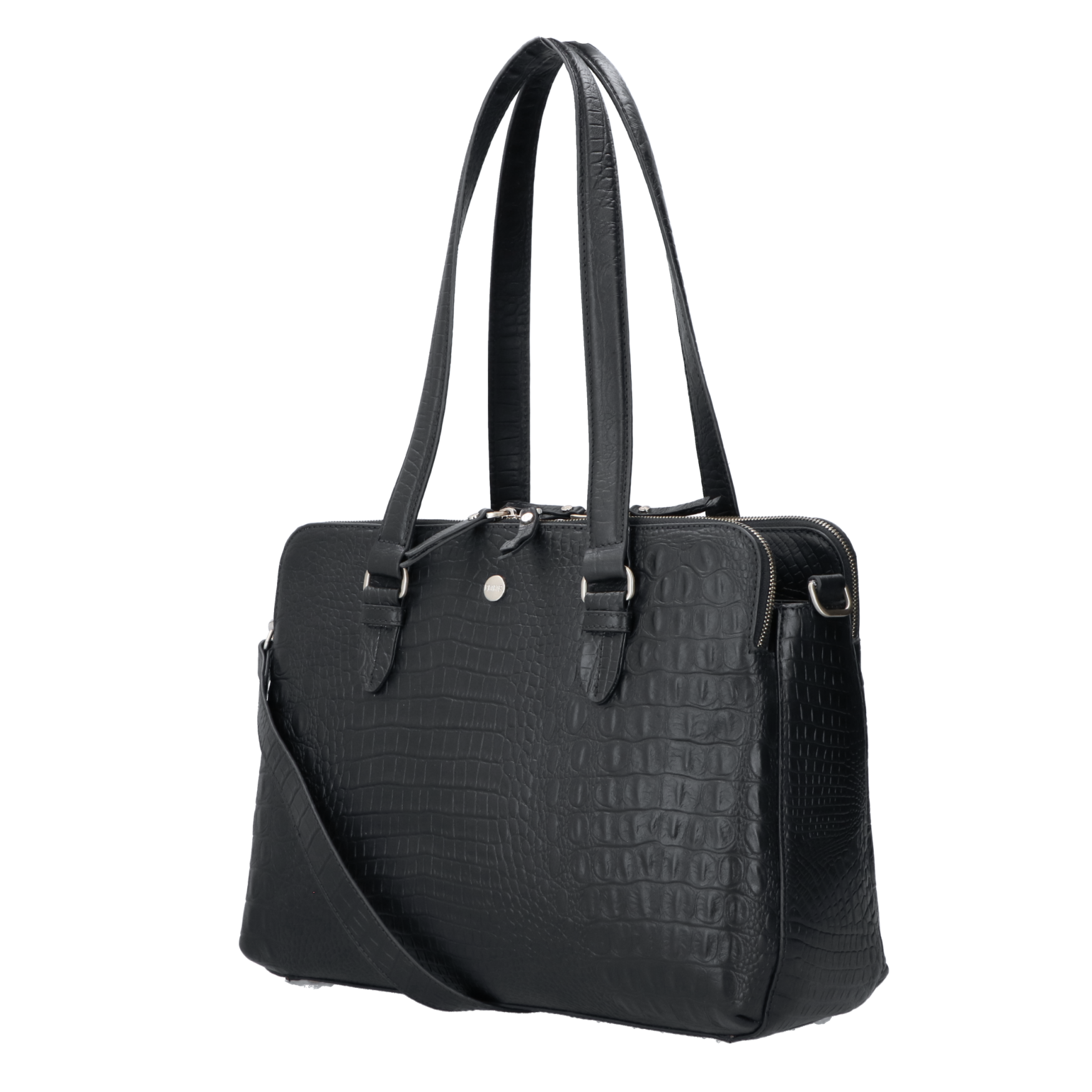 Zwart Leren Croco Inprint Schoudertas Charlotte Voor 13 Inch Laptop FMME